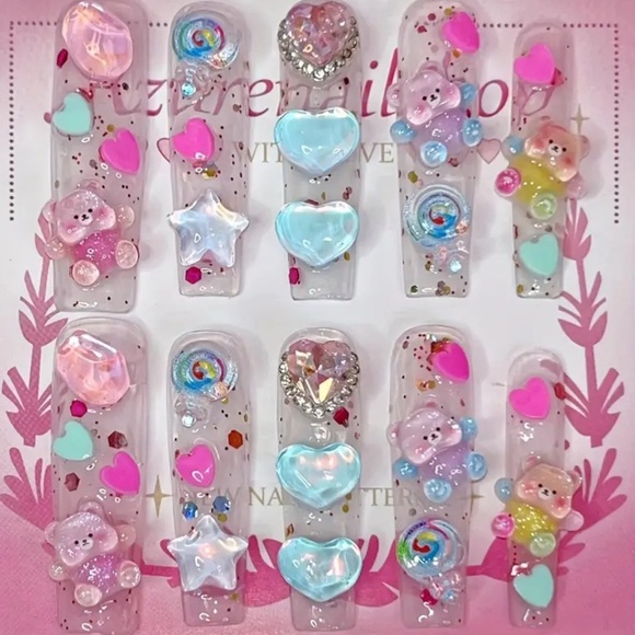 ✨ NWOT - 10pcs Handmade Press-On Nails | Long/ Kawaii / Cute! ✨ - Picture 1 of 6